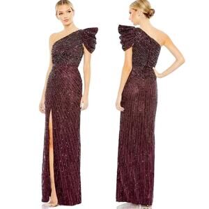 Mac Duggal Embellished Puff One Shoulder Gown Blackberry Size 10 NWT
